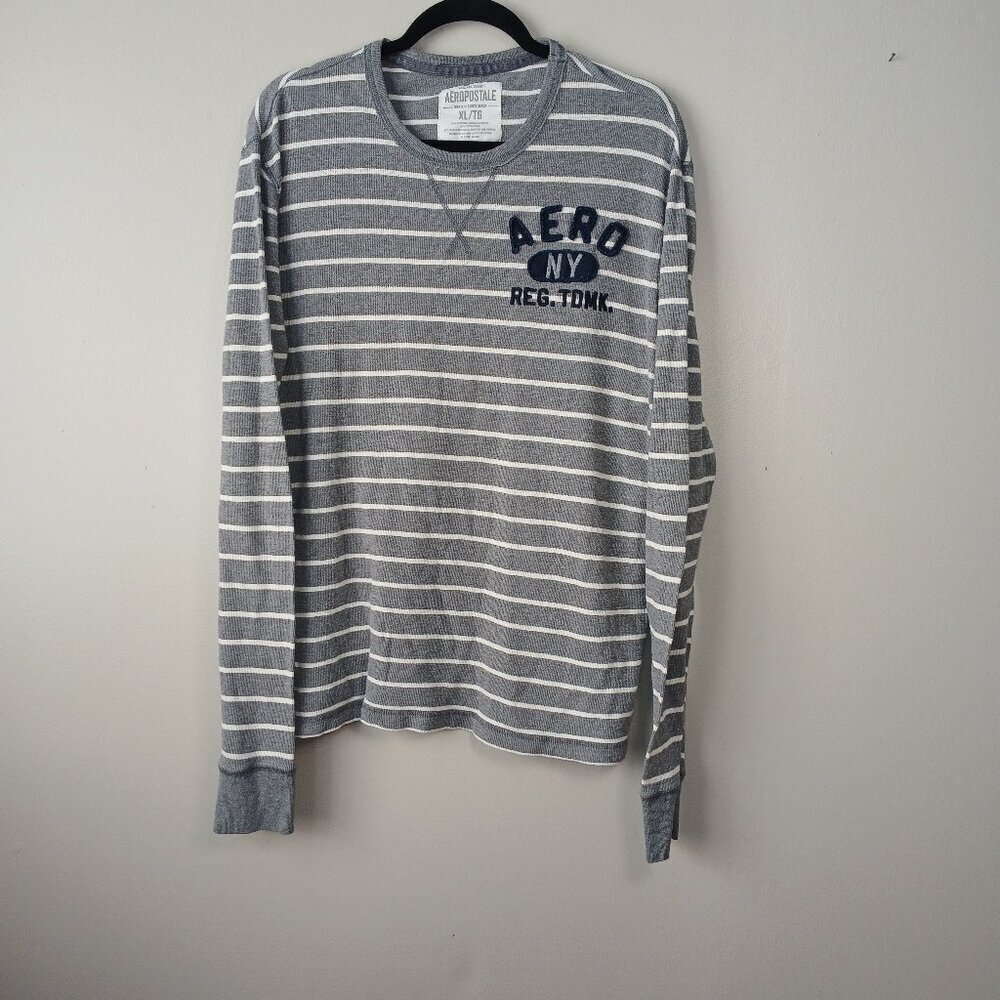 MENS AEROPOSTLE THERMAL PULLOVER, LONG SLEEVE, GRAY WITH WHITE STRIPE, SIZE XL - Picture 2 of 5